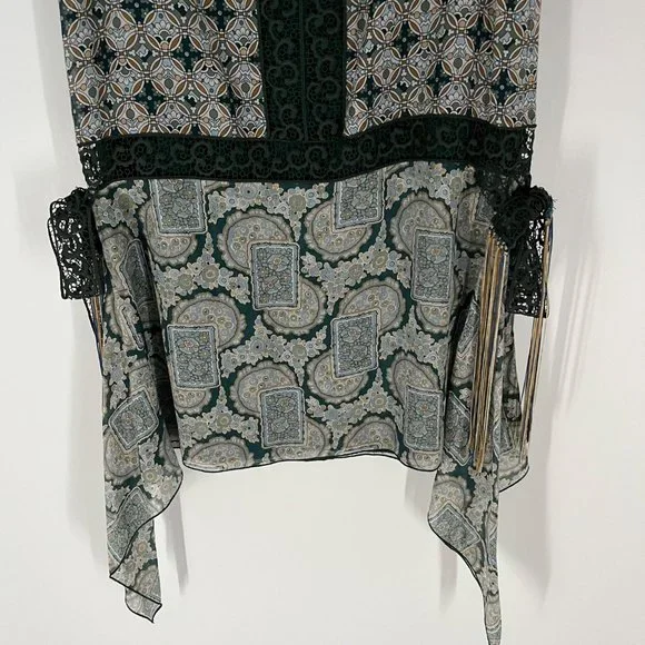 Anna Sui Green White Printed Lace Detail V-Neck Sleeveless Mini Dress 4 Silk - Picture 6 of 10